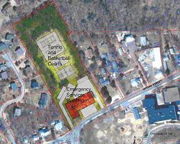 Sketch of New Tennis and Basketball Courts (New Emergency Services Building shown in front)