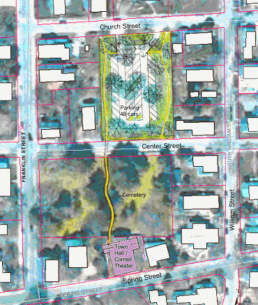 Church Street Lot - 48 Spaces,  Pedestrian Path Through Cemetery to Town Hall and Cornell Theater
